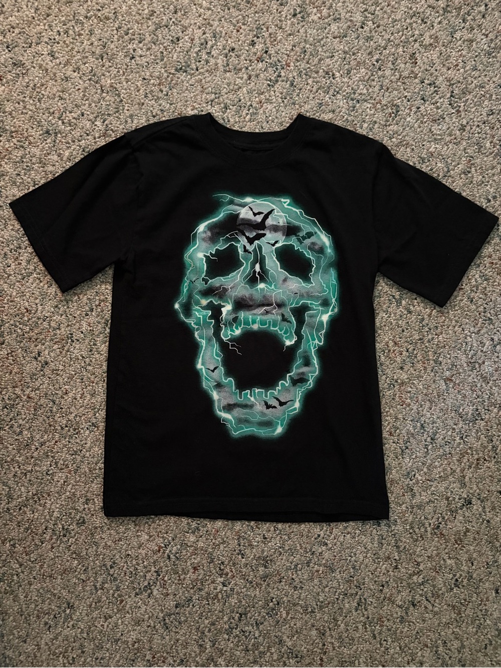 HALLOWEEN Boys Graphic Skull Bats Short Sleeve T-Shirt Black Green Size L 10-12